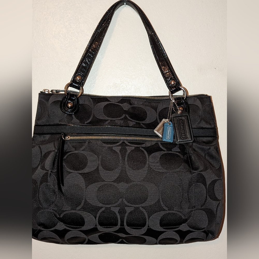 COACH Poppy Sateen Jacquard Signature C Tote XL Black EUC